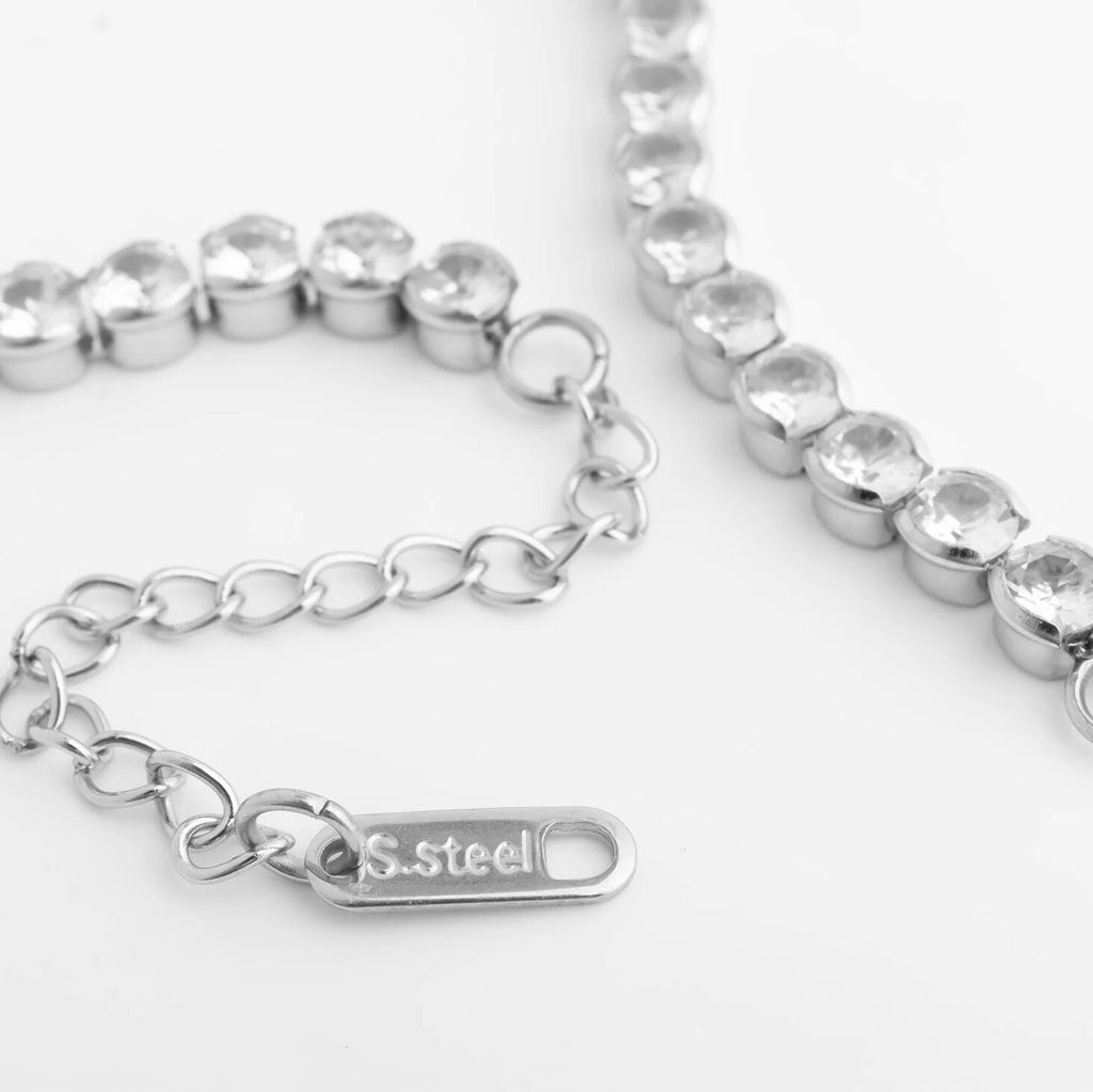 18K Gold Tennis Bracelet - Stainless Steel CZ Round Stone Chain With Secure Box Clasp