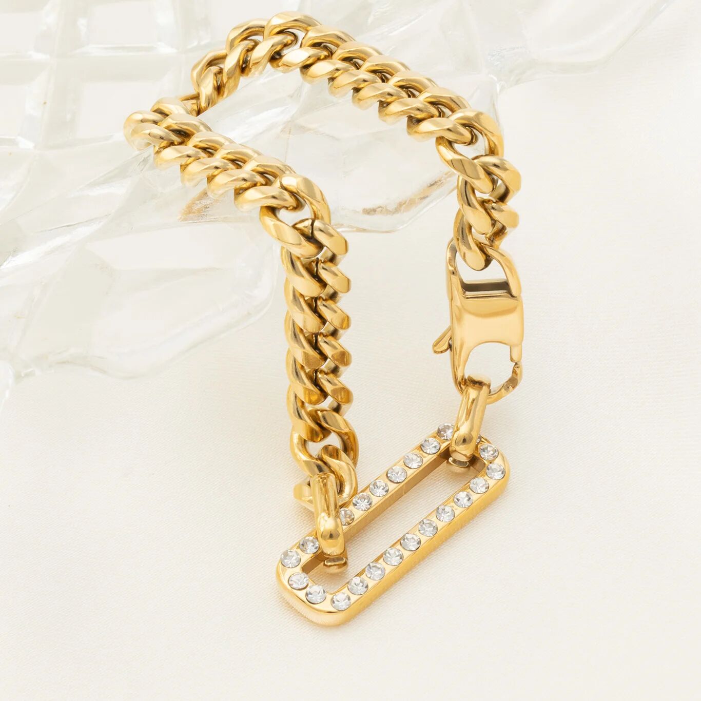 18K Gold PVD Stainless Steel Large Stone Carabiner Bracelet- gold bracelet