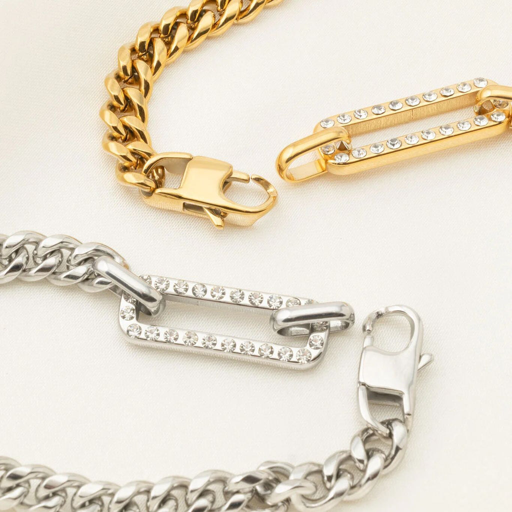 18K Gold PVD Stainless Steel Large Stone Carabiner Bracelet- silver and gold bracelet