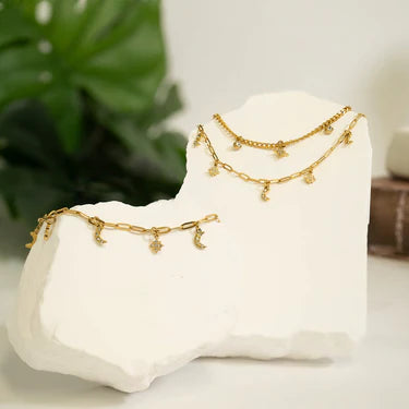 18K Gold PVD Stainless Steel Moon & Star Charm Bracelet