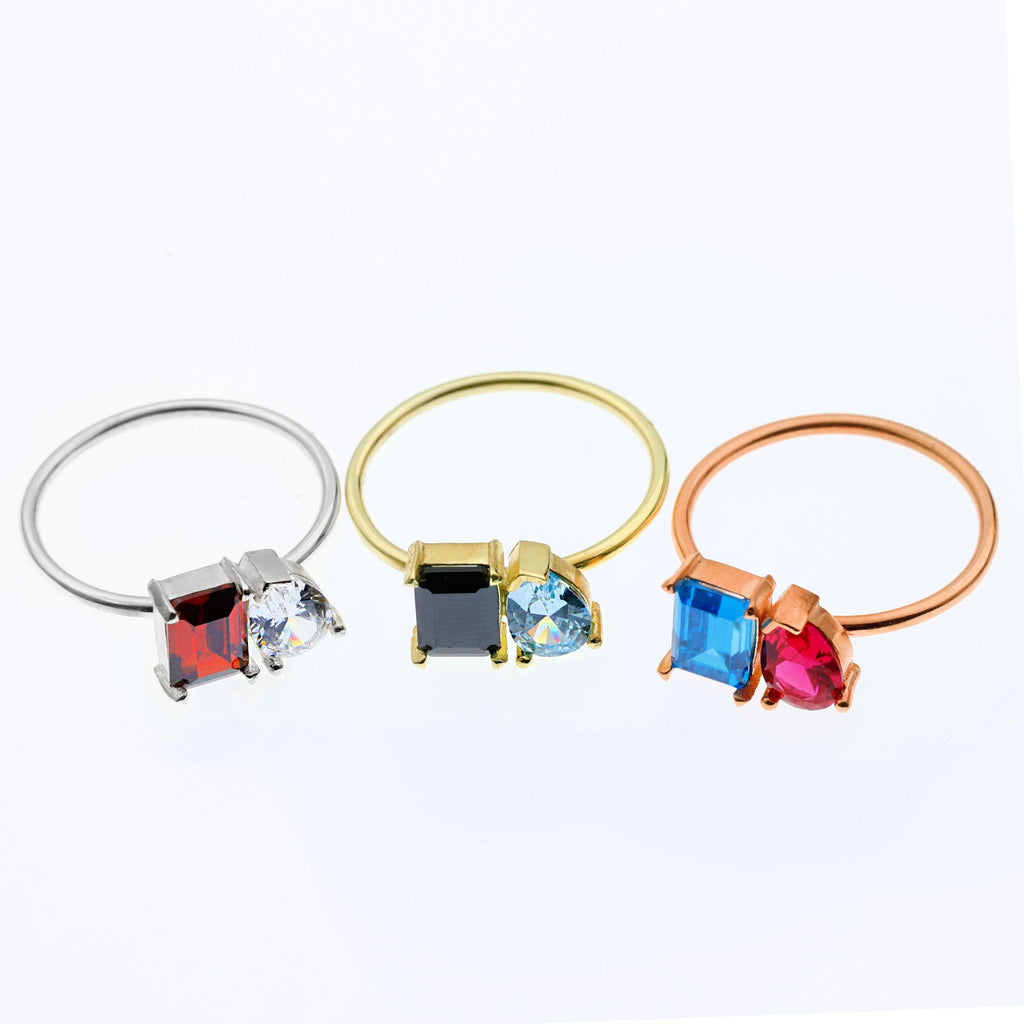 Double Birthstone Ring Sterling Silver Toi Et Moi Heart Baguette