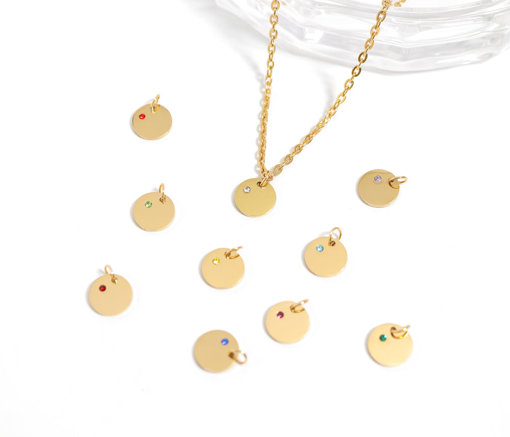 18K Gold Birthstone Charm - Engraved Stainless Steel CZ Pendant, Custom Gold PVD Coated