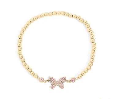 18K Gold PVD Stainless Steel Pink Butterfly Beaded Stretch Bracelet