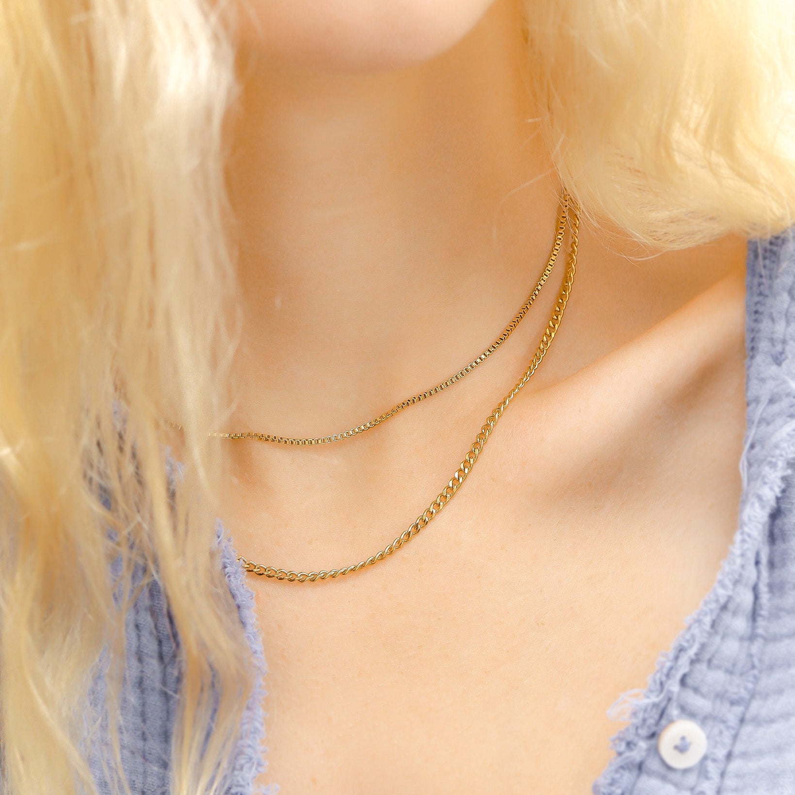 18K Gold Curb Chain – Diamond Cut Flat Stainless Steel Necklace with Lobster Claw Clasp