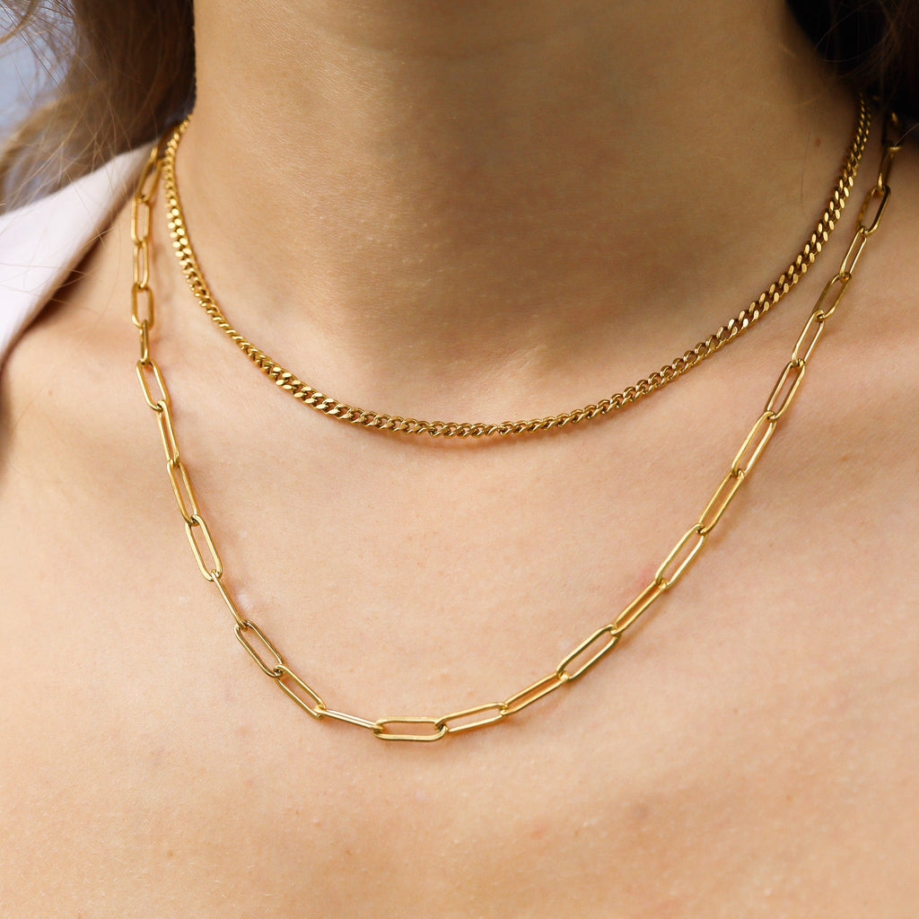 18K Gold Layered Necklace – Paperclip & Curb Chain | Hypoallergenic Stainless Steel