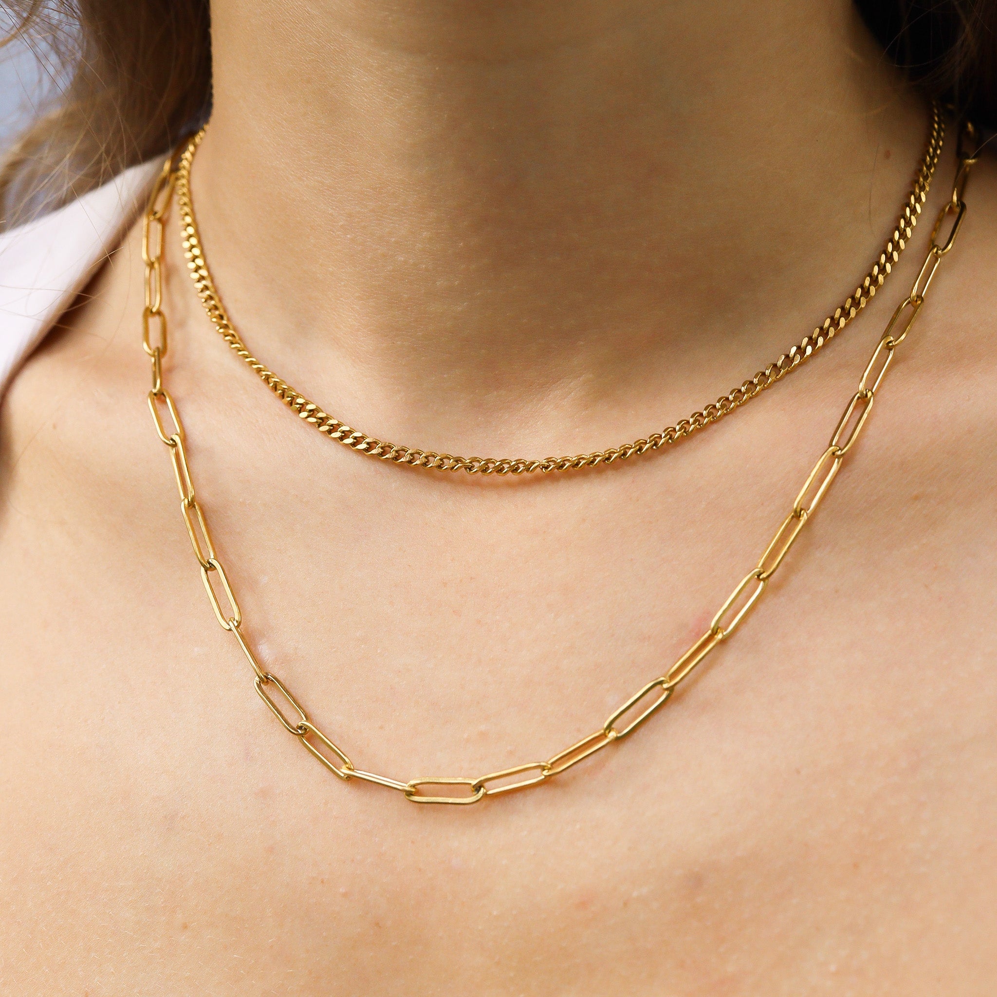 18K Gold Layered Necklace – Paperclip & Curb Chain | Hypoallergenic Stainless Steel
