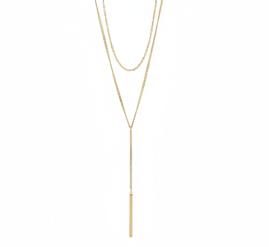 18K Gold Necklace – Layered Lariat Y-Shaped Bar Pendant | Stainless Steel Jewelry