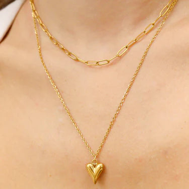 18K Gold PVD Stainless Steel Loop and Paperclip Layered Chain Heart Charm Necklace
