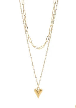 18K Gold PVD Stainless Steel Loop and Paperclip Layered Chain Heart Charm Necklace