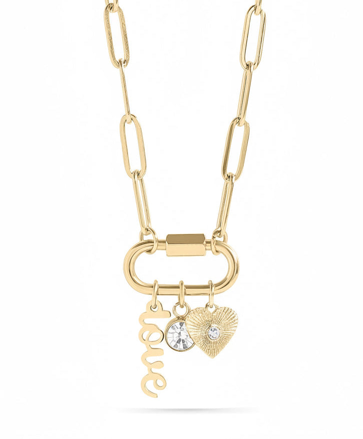 Carabiner Charm Necklace – 18K Gold Paperclip Chain With Love Charm