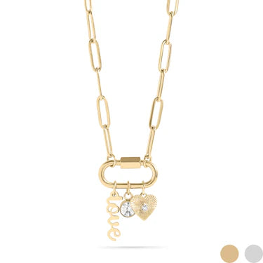 Golden Love Charm Necklace – 18K Gold Paperclip Chain with Heart, Crystal & Love Charms