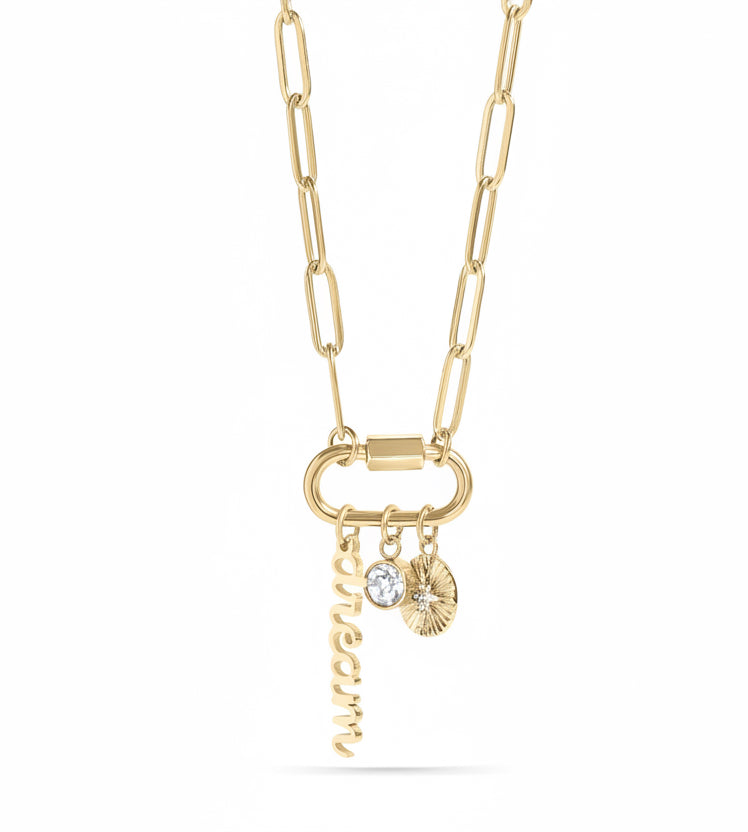 Carabiner Charm Necklace – 18K Gold Paperclip Chain With Dream & Compass Charms