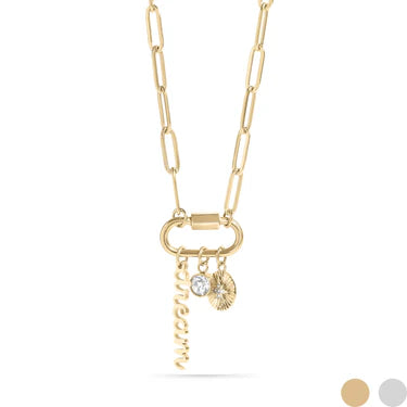 Golden Dream Charm Necklace – 18K Gold Paperclip Chain with Sunburst & Crystal Charms