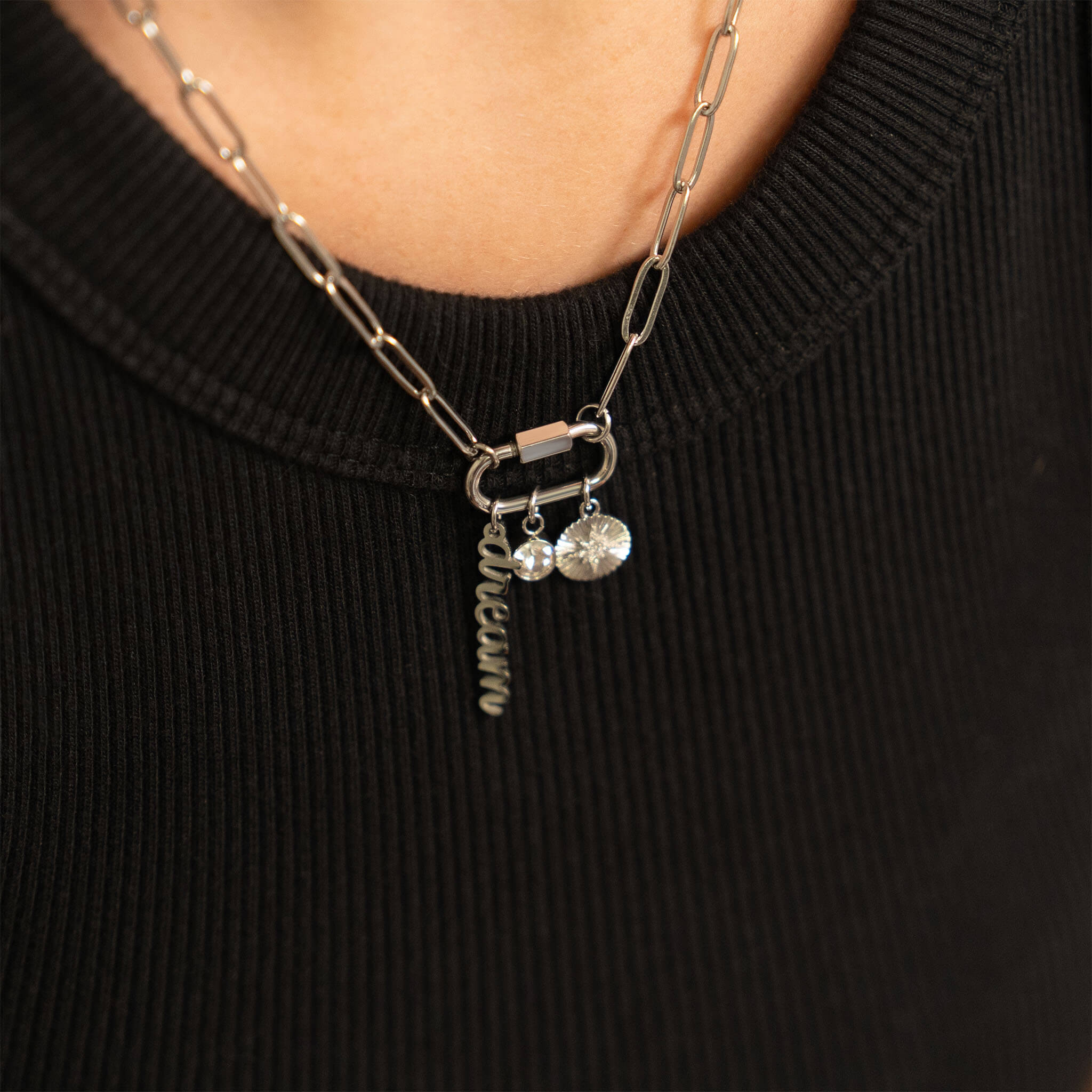 Carabiner Charm Necklace – 18K Gold Paperclip Chain With Dream & Compass Charms