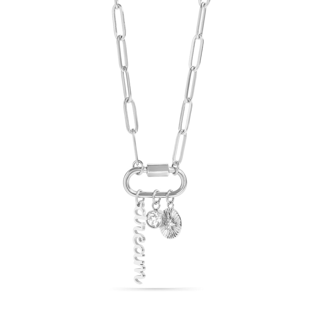 Carabiner Charm Necklace – 18K Gold Paperclip Chain With Dream & Compass Charms