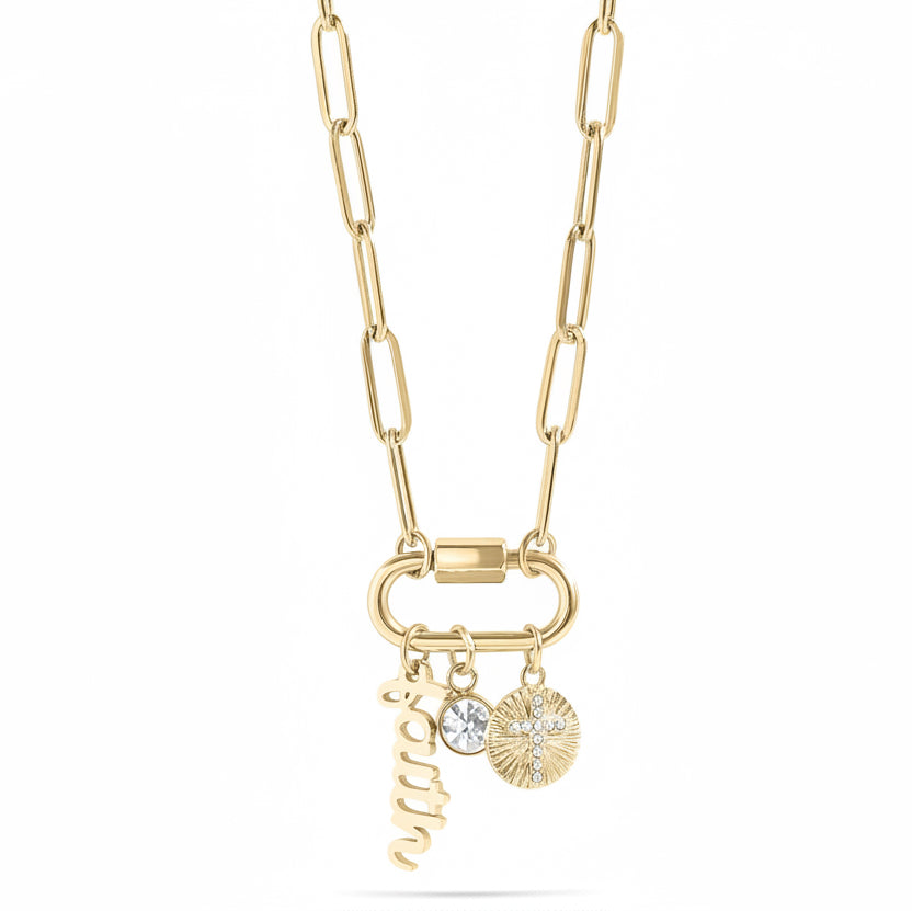 Carabiner Charm Necklace – 18K Gold Paperclip Chain With Sunburst Cross Pendant