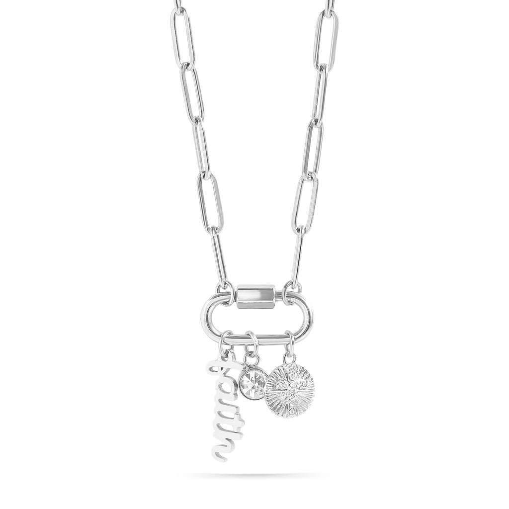Carabiner Charm Necklace – 18K Gold Paperclip Chain With Sunburst Cross Pendant