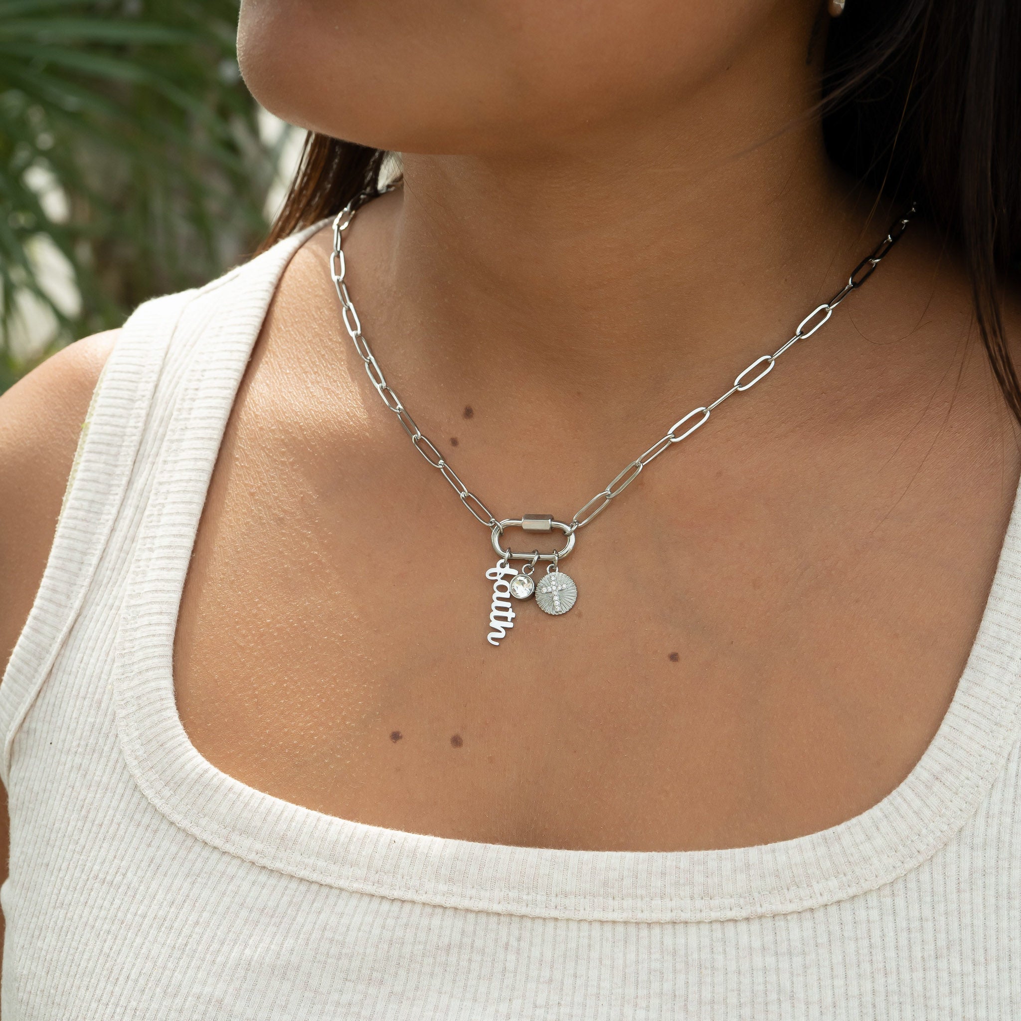 Carabiner Charm Necklace – 18K Gold Paperclip Chain With Sunburst Cross Pendant
