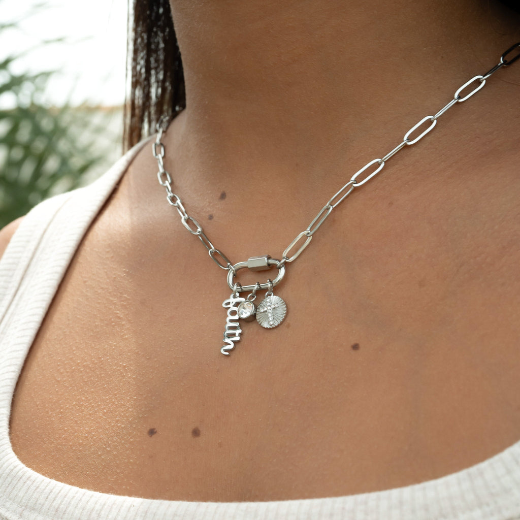 Carabiner Charm Necklace – 18K Gold Paperclip Chain With Sunburst Cross Pendant