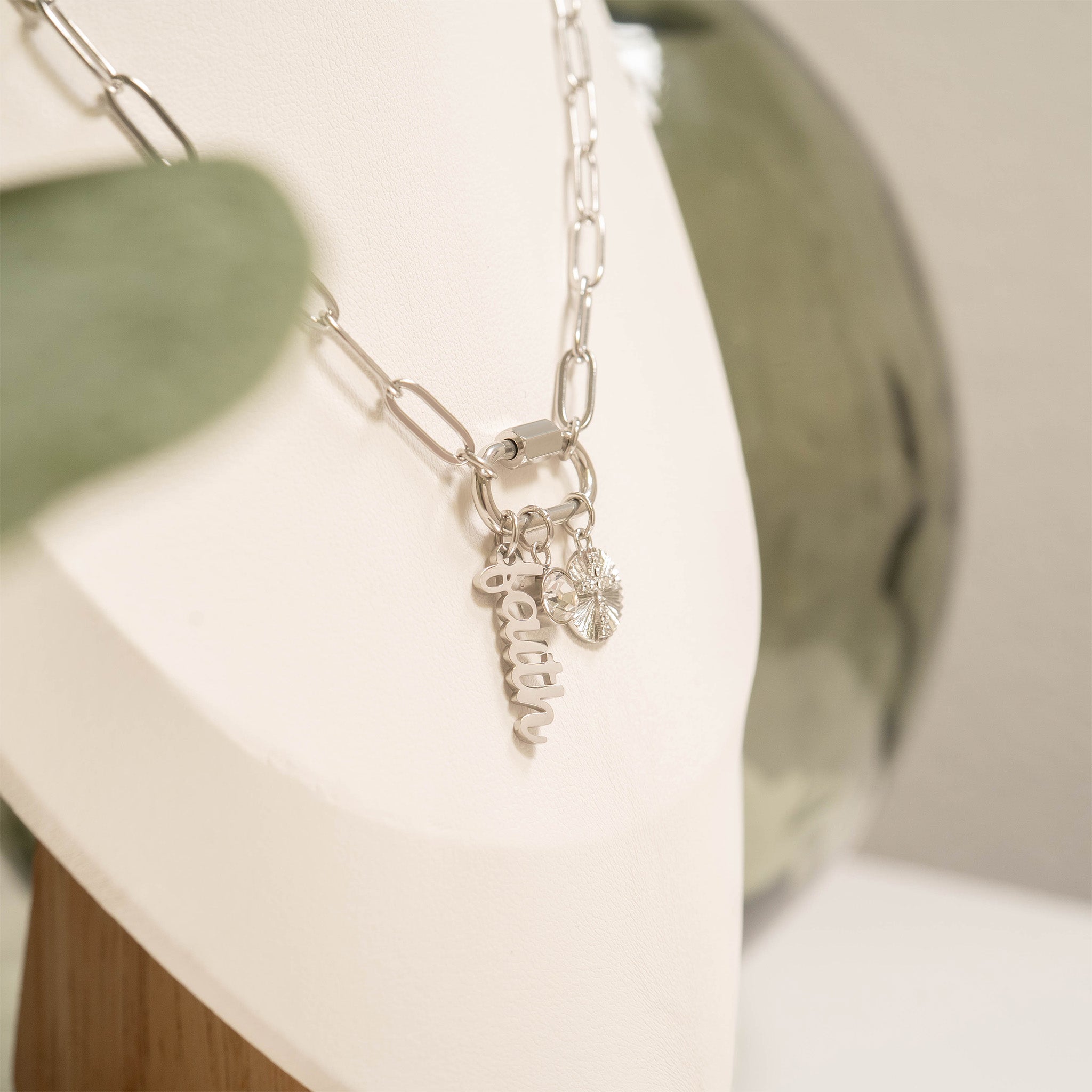Carabiner Charm Necklace – 18K Gold Paperclip Chain With Sunburst Cross Pendant
