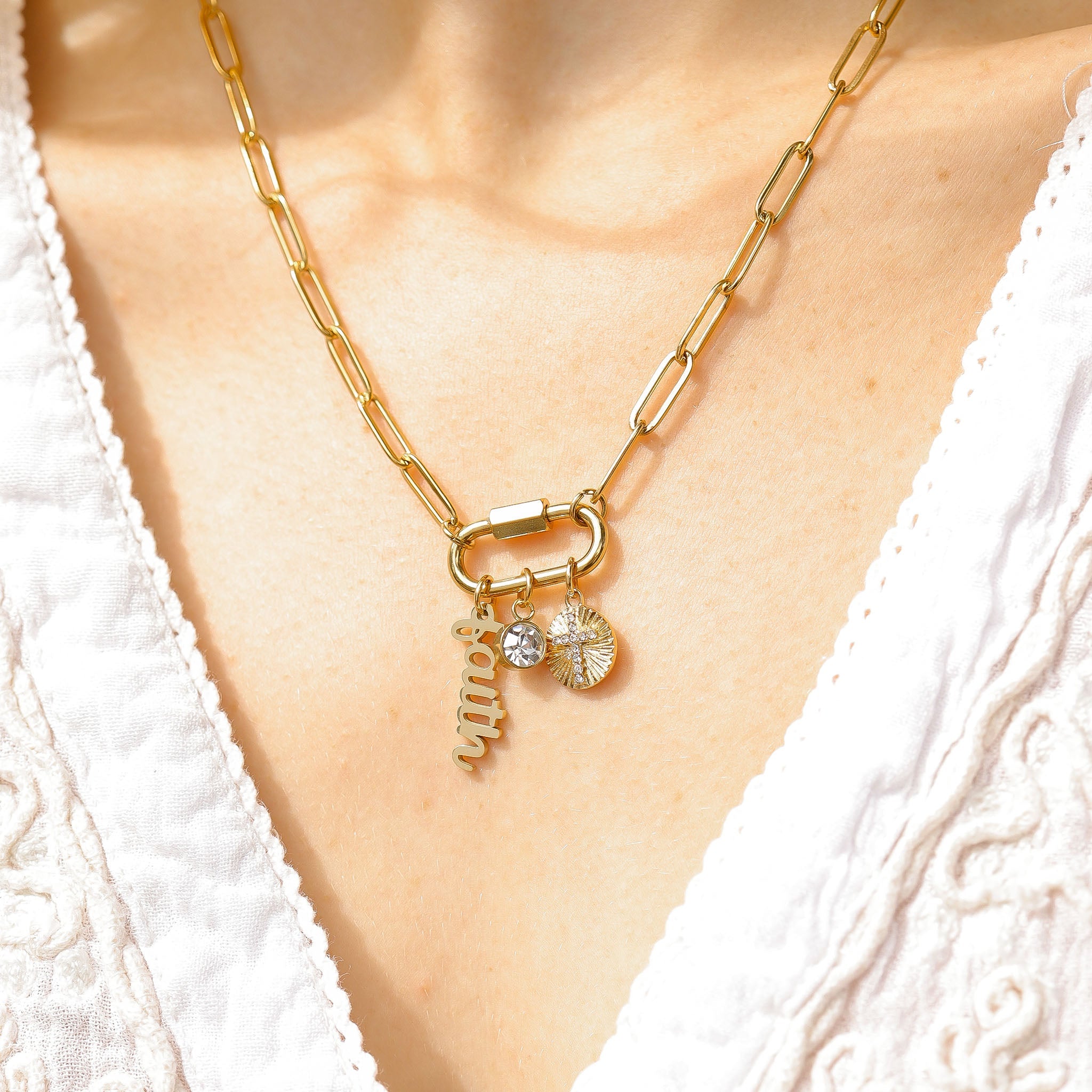 Carabiner Charm Necklace – 18K Gold Paperclip Chain With Sunburst Cross Pendant