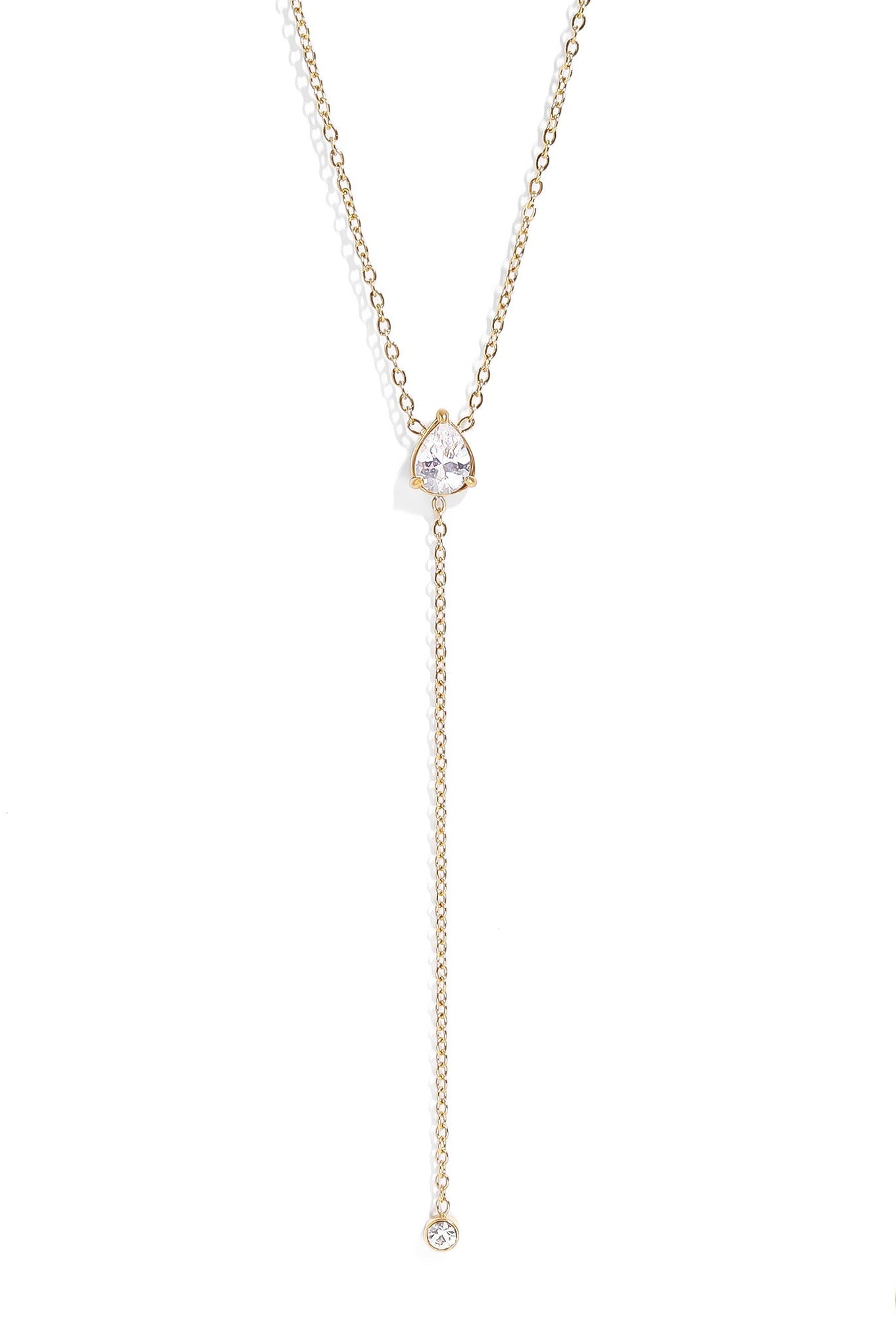 18K Gold PVD Stainless Steel Teardrop CZ Lariat Necklace 