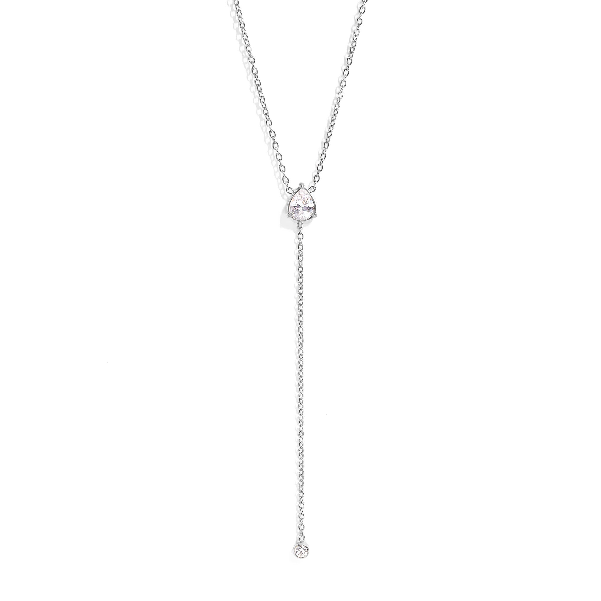 18K Gold PVD Stainless Steel Teardrop CZ Lariat Necklace 