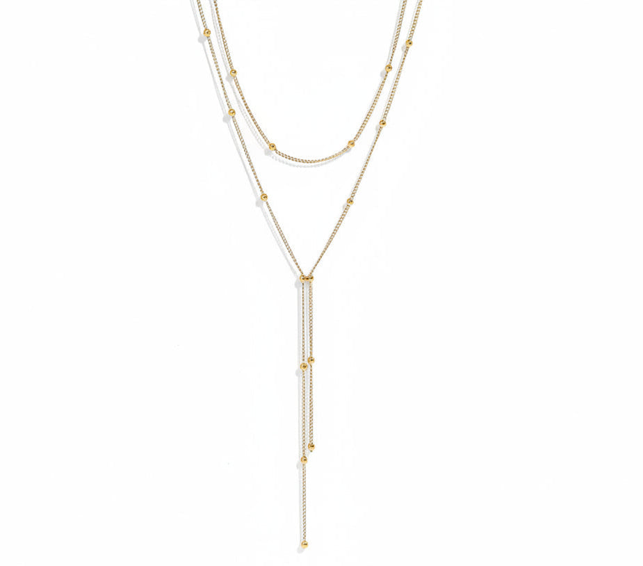 18K Gold PVD Stainless Steel Lariat Necklace Double Ball Bead 