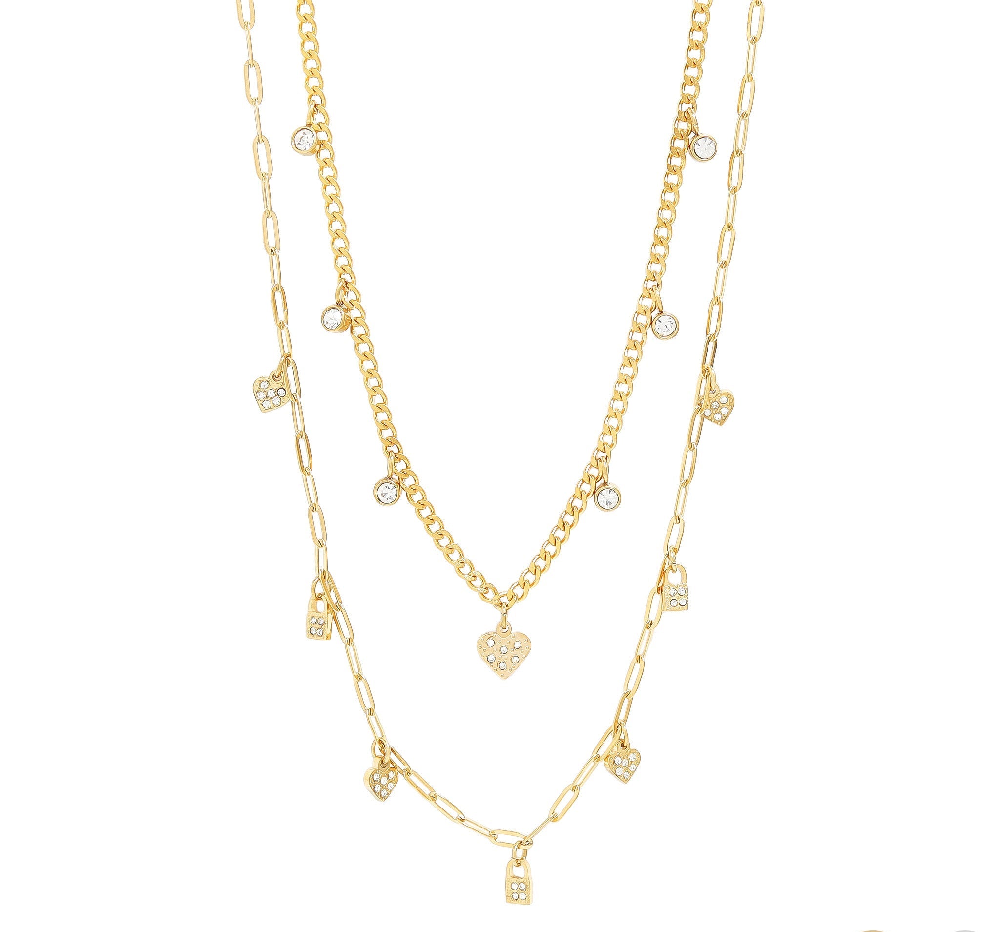 Heart Lock Charm Necklace – Two Row Convertible Stainless Steel Necklace with Crystal Charms