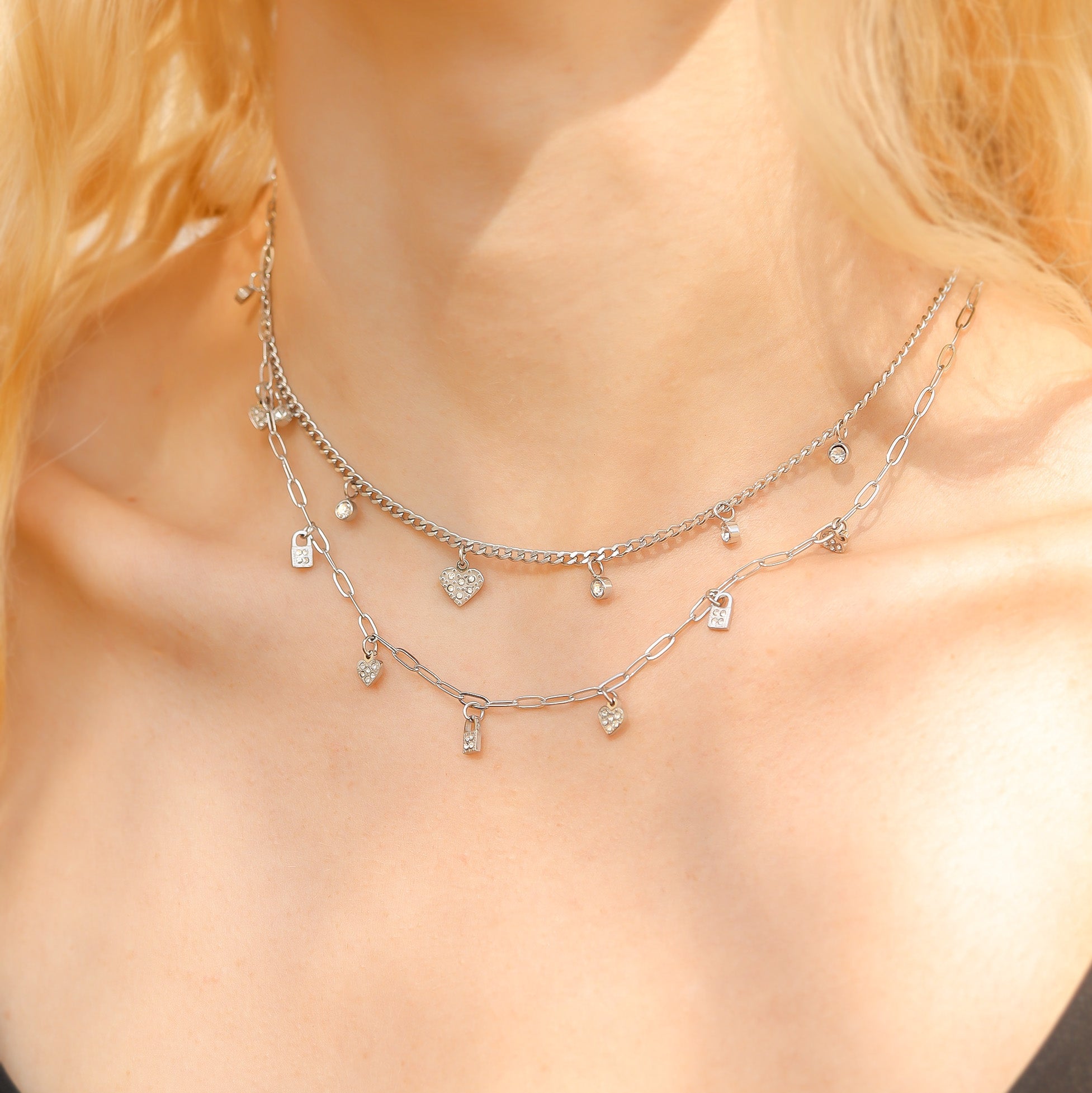 Heart Lock Charm Necklace – Two Row Convertible Stainless Steel Necklace with Crystal Charms