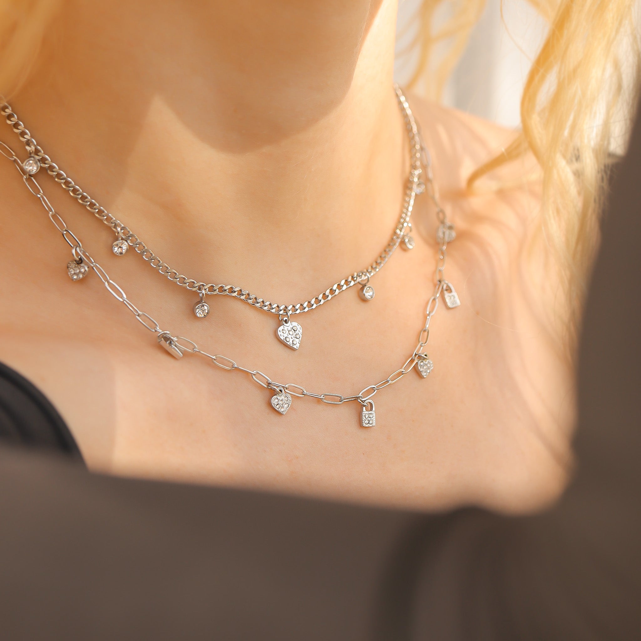 Heart Lock Charm Necklace – Two Row Convertible Stainless Steel Necklace with Crystal Charms