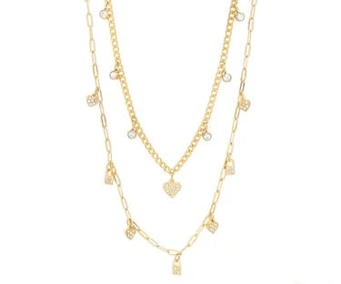 Stainless Steel 2 Row Heart & Lock Charm Necklace