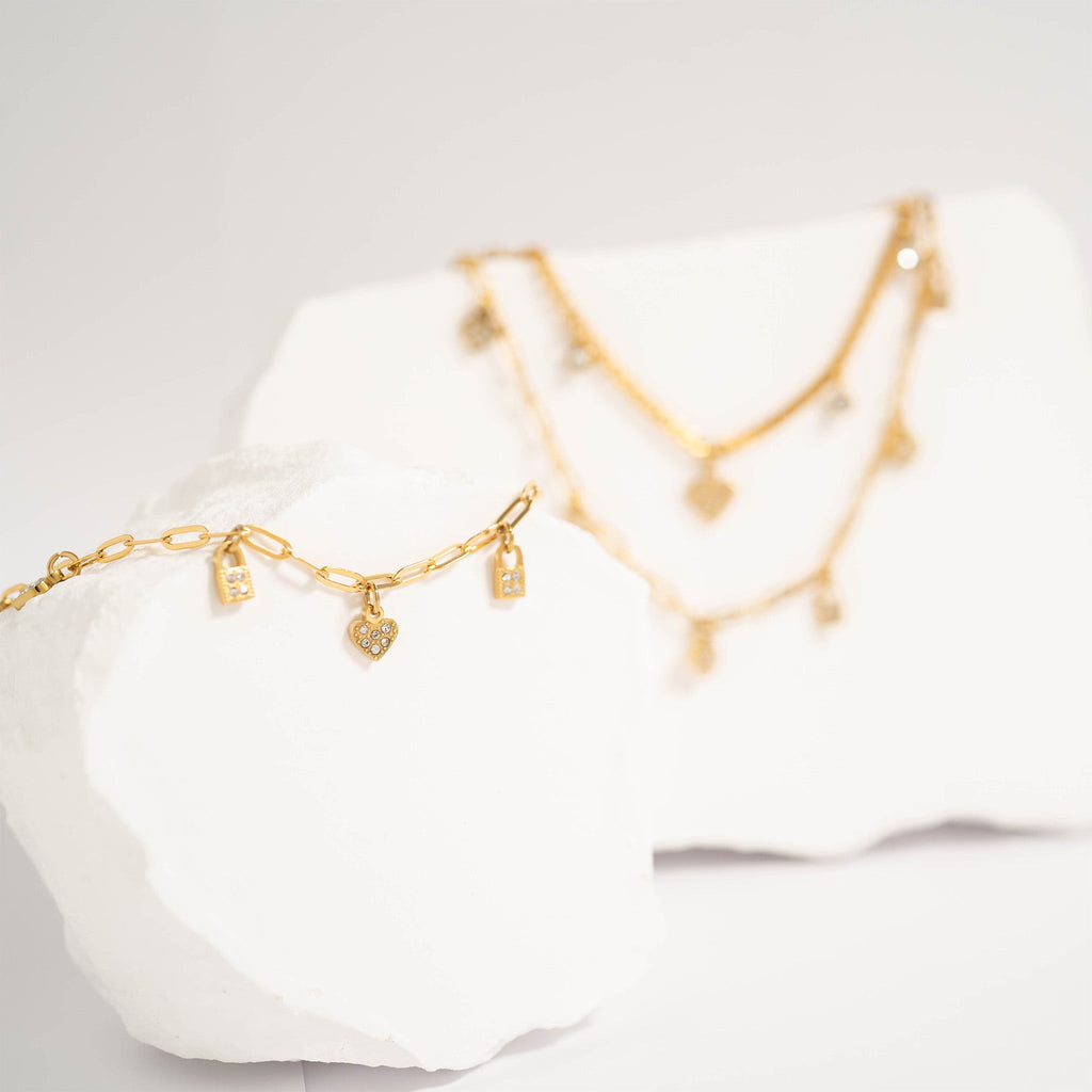 Heart Lock Charm Bracelet – Adjustable Gold Paperclip Chain Stainless Steel Jewelry