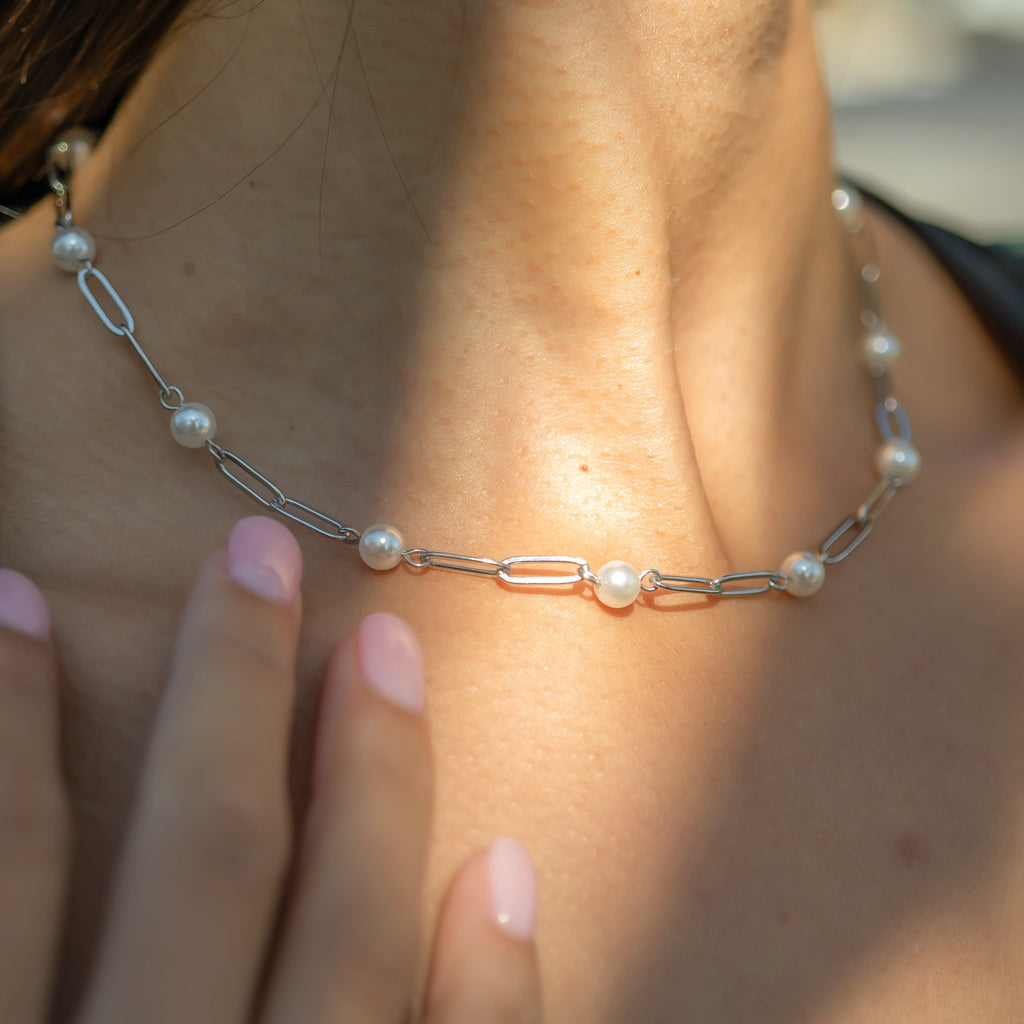 Gold Paperclip Necklace – 18K Gold Jewelry With Pearl Stations | Stainless Steel Chain