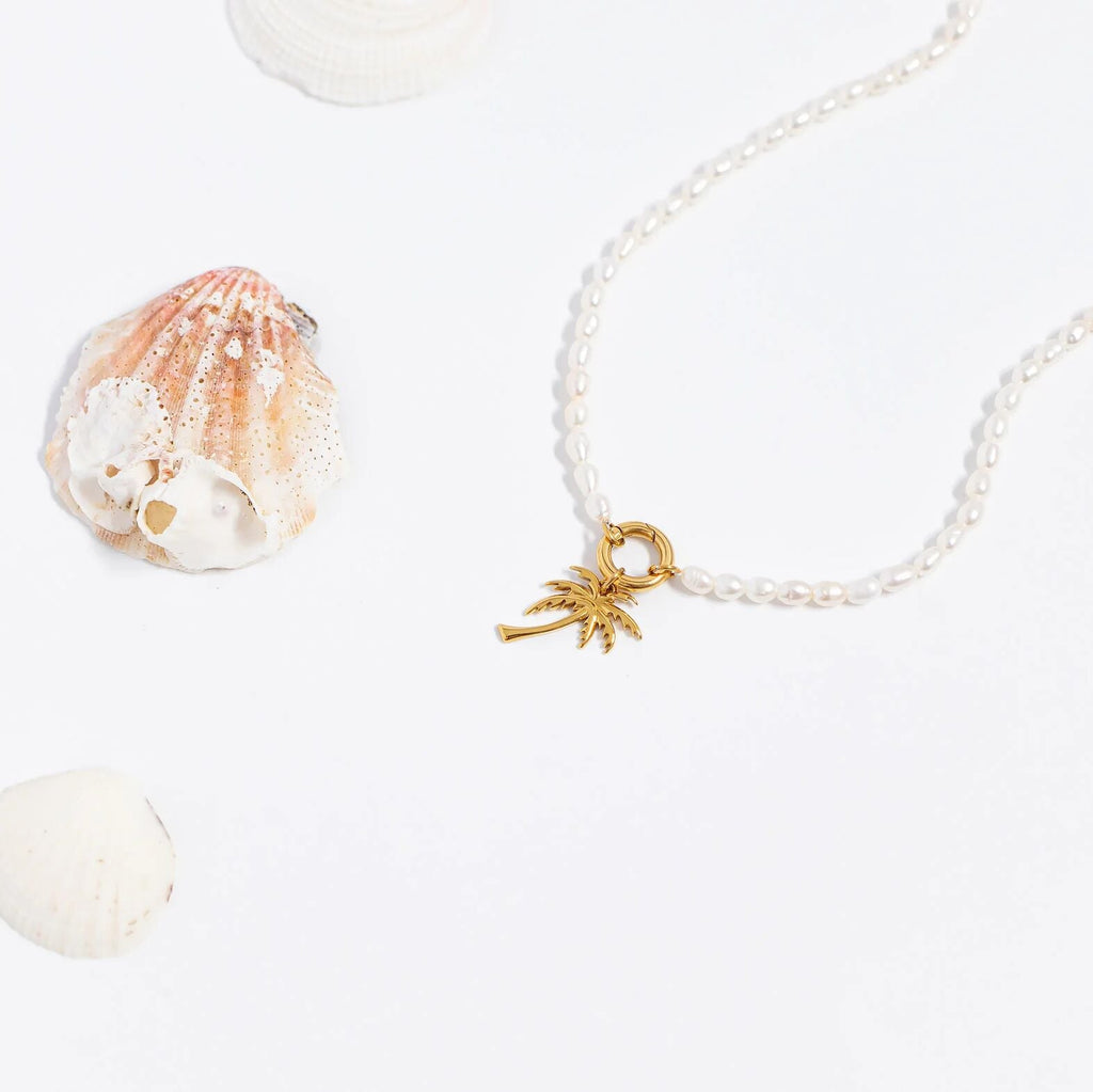 Gold Palm Tree Charm on Fresh Water Pearl Necklace