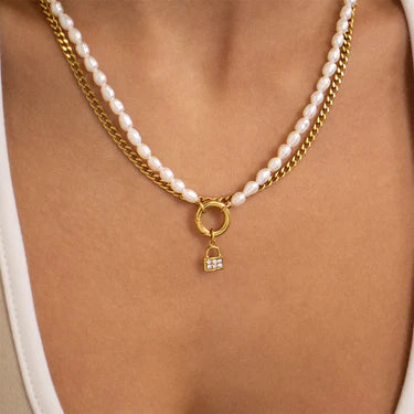 18K Gold PVD Stainless Steel Freshwater Pearl Charm Holder Necklace