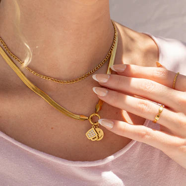 18K Gold PVD Stainless Steel Herringbone Charm Holder Necklace