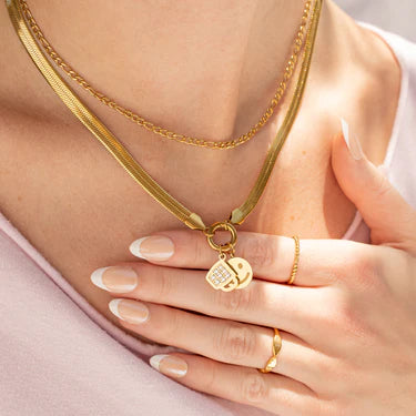 18K Gold PVD Stainless Steel Herringbone Charm Holder Necklace