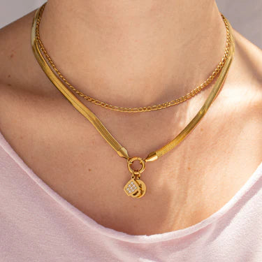 18K Gold PVD Stainless Steel Herringbone Charm Holder Necklace