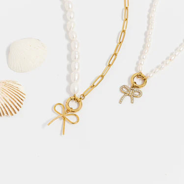 Stainless Steel Freshwater Pearl Paperclip Split Charm Holder Necklace