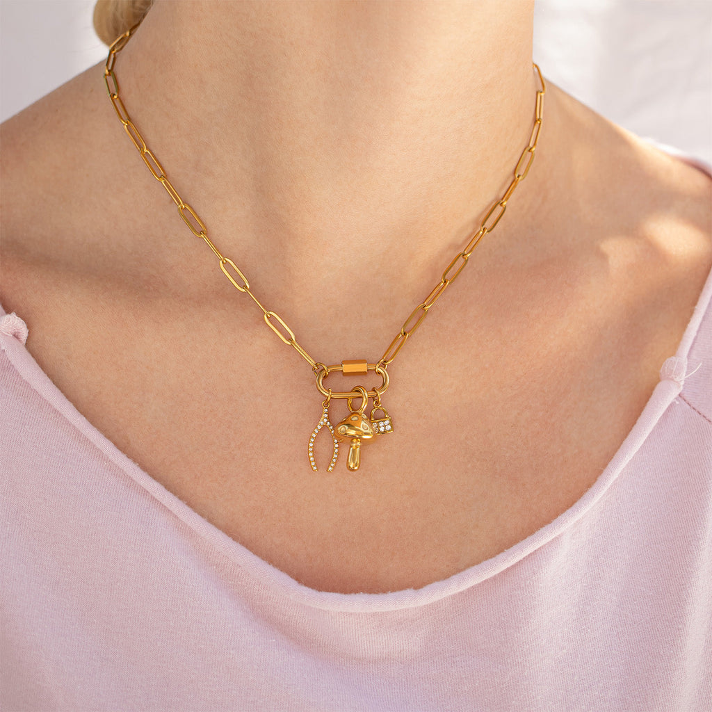 18K Gold Wishbone Charm – Stainless Steel Rhinestone Pendant for Everyday Wear