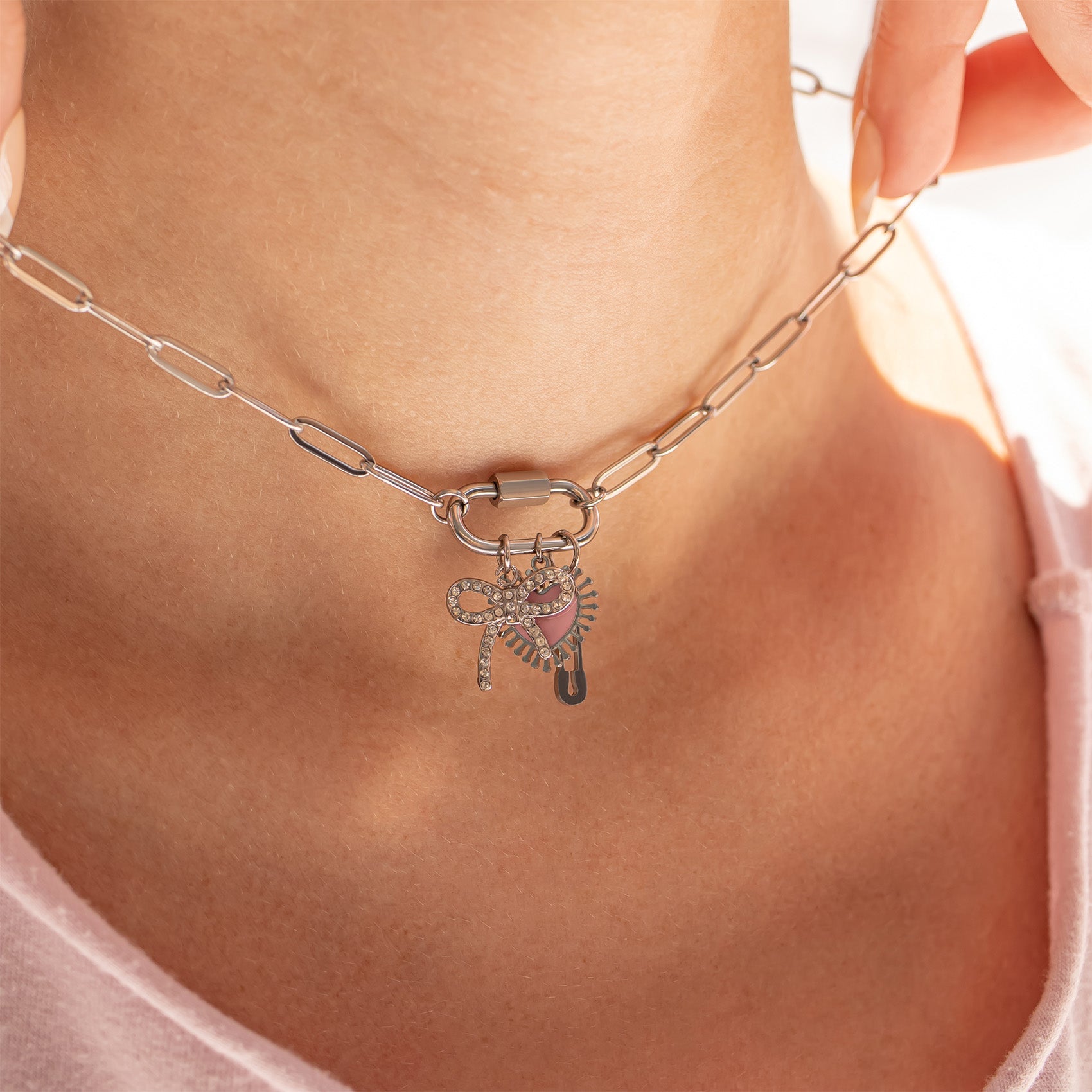 Pink Heart Charm - 18K Gold PVD Stainless Steel Sun Ray Pendant Accessory