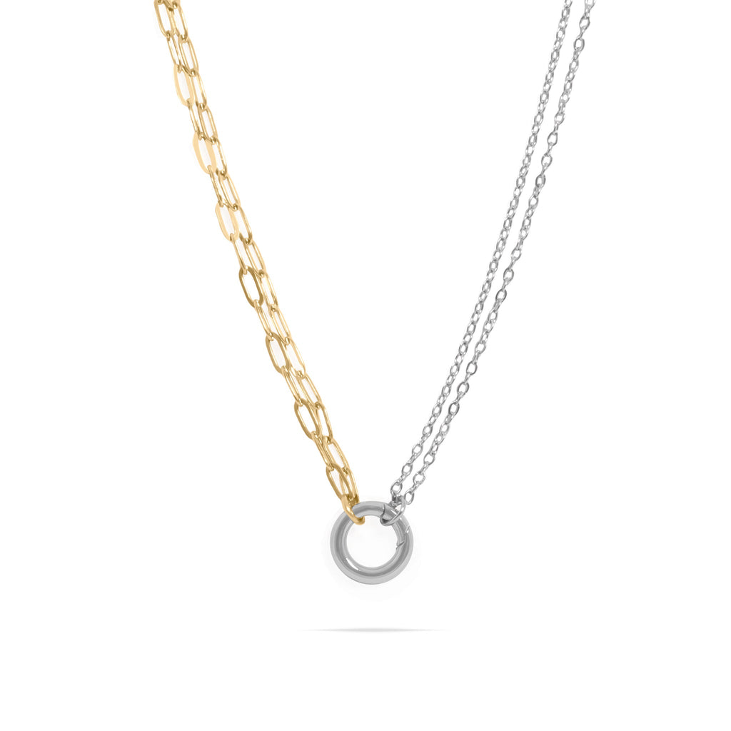 Double Chain Charm Necklace – Mixed Metal Adjustable Layered Jewelry