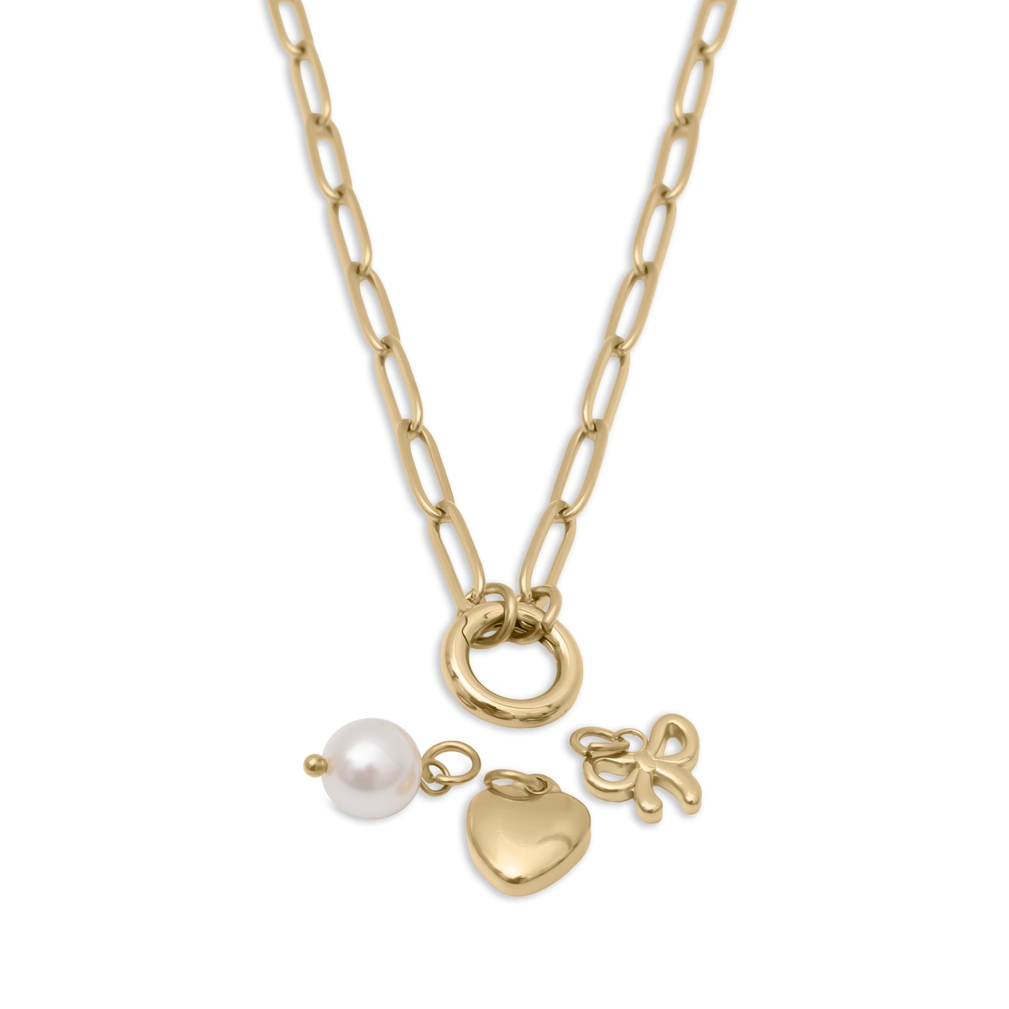 Gold Charm Necklace – 18K Gold PVD Stainless Steel Bow Charm Holder Set