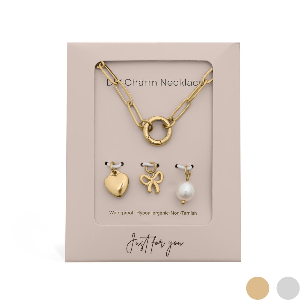 Gold Charm Necklace – 18K Gold PVD Stainless Steel Bow Charm Holder Set