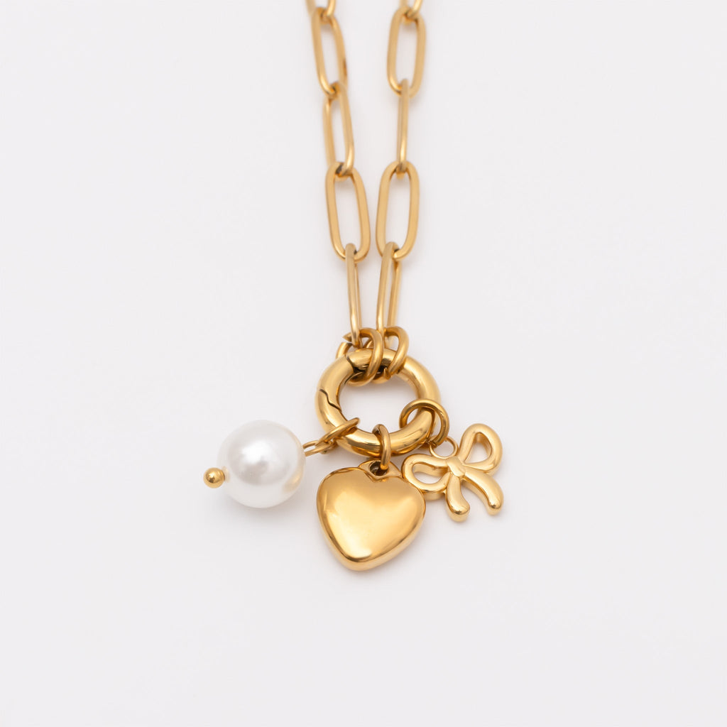 Gold Charm Necklace – 18K Gold PVD Stainless Steel Bow Charm Holder Set