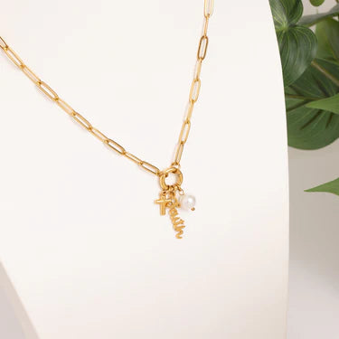 18K Gold PVD Stainless Steel Faith Charm Holder Necklace Set