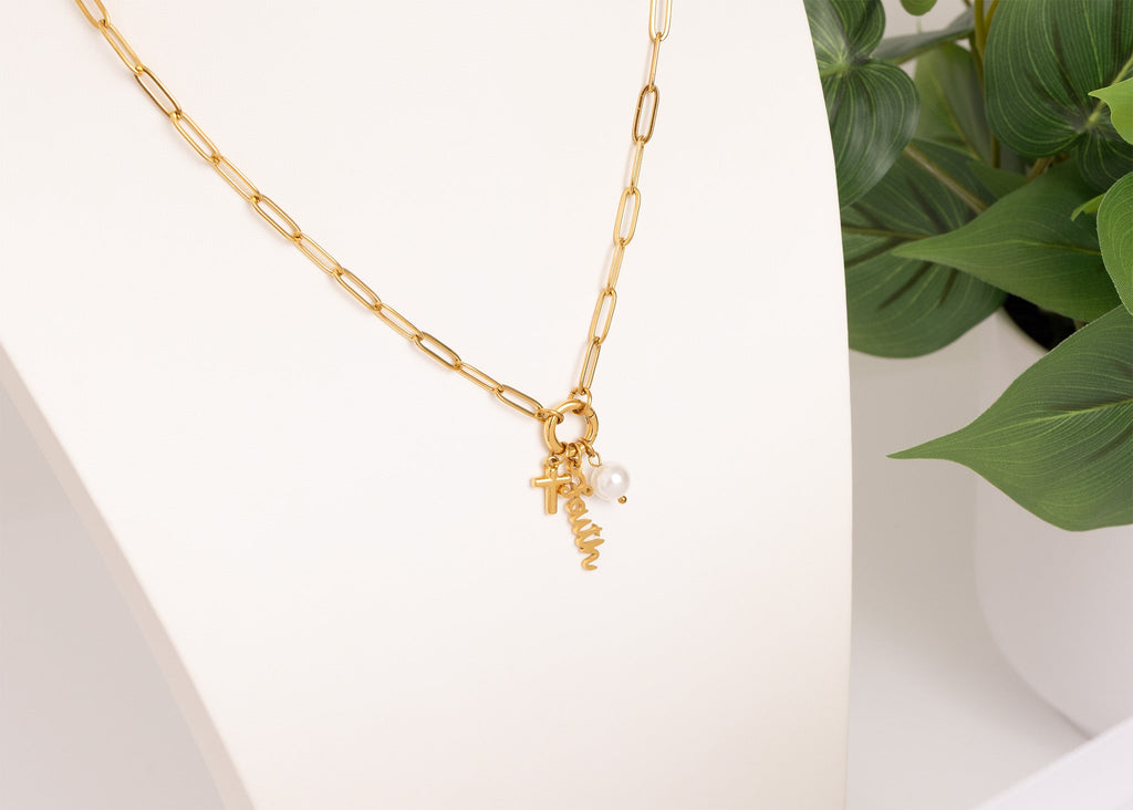 Faith Charm Necklace – 18K Gold Plated Stainless Steel Paperclip Holder Gift Set
