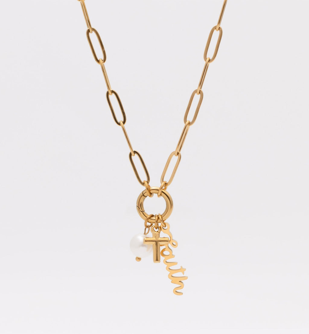 Faith Charm Necklace – 18K Gold Plated Stainless Steel Paperclip Holder Gift Set