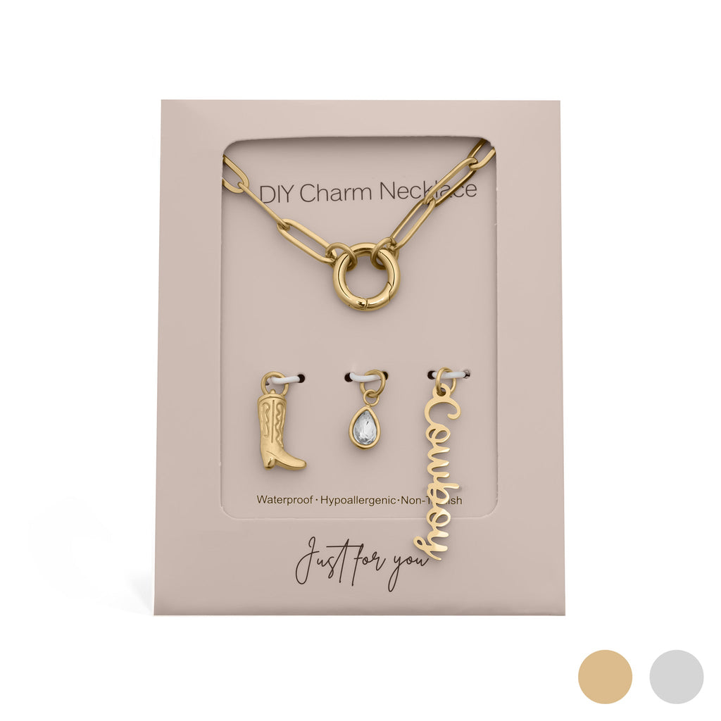 Cowboy Charm Necklace – 18K Gold Stainless Steel Paperclip Charm Holder Set